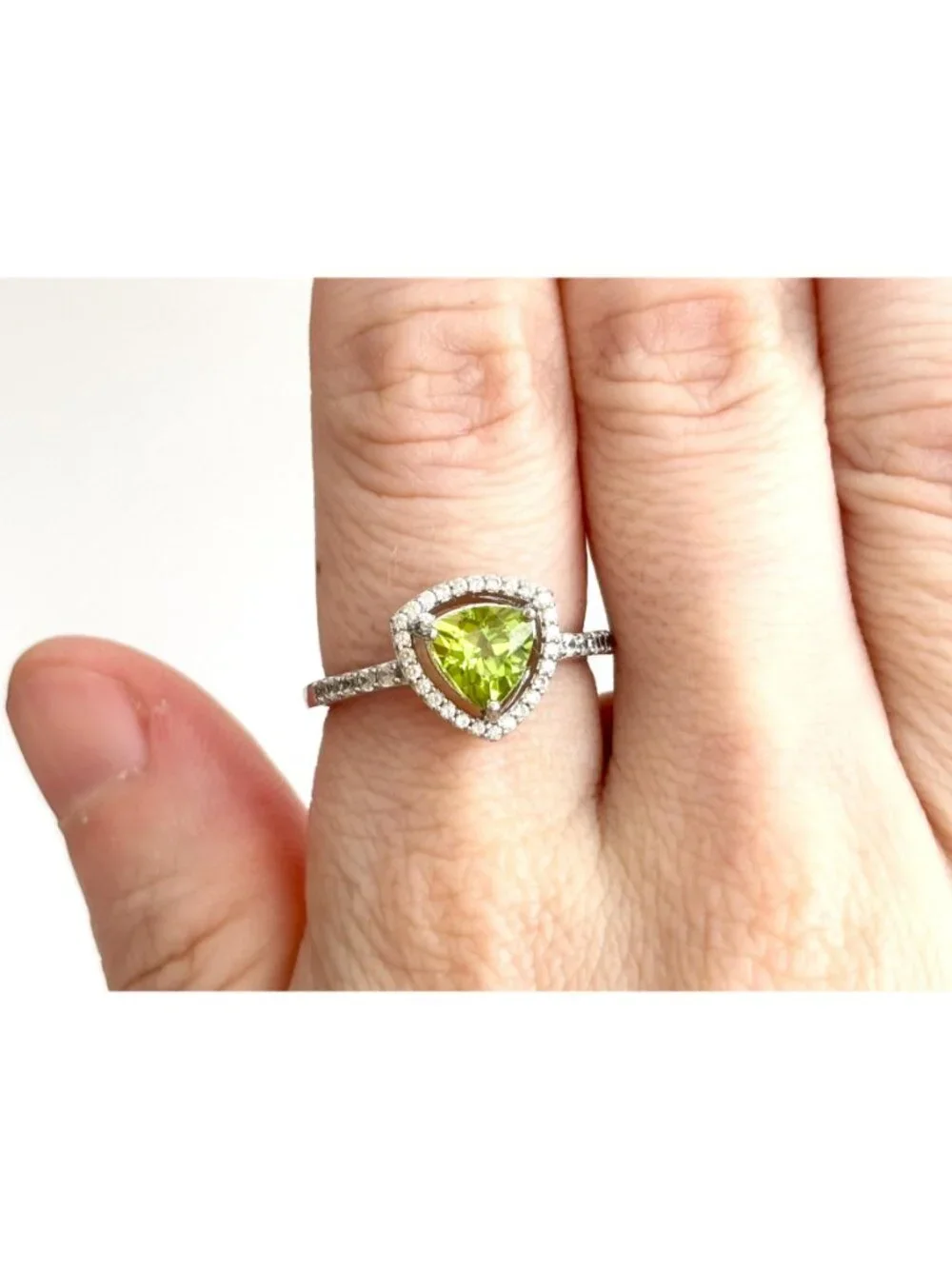 Trillion Cut Peridot Gemstone Halo CZ Sterling Silver 925 Vintage Ring - sz 8